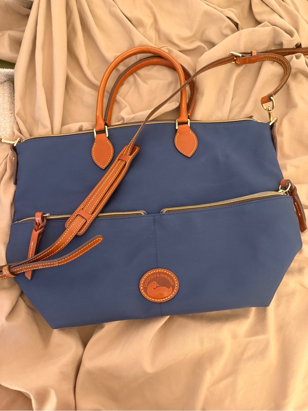 Blue Women's Tote Bag with Brown Trim - Picture 2 of 11